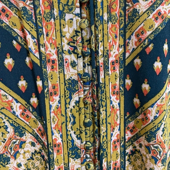 FREE PEOPLE Magic Mystery Blue Gold Coral Print Retro Bell Sleeve Tunic Mini - Picture 10 of 11